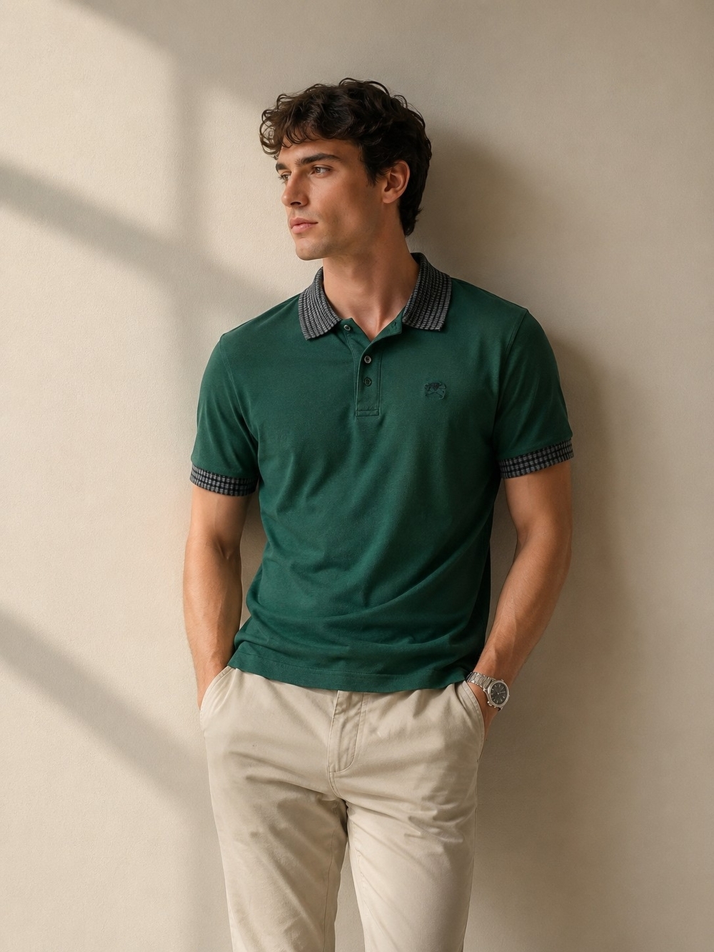 Burberry Dark Green Polo with Contrasting Check Collar